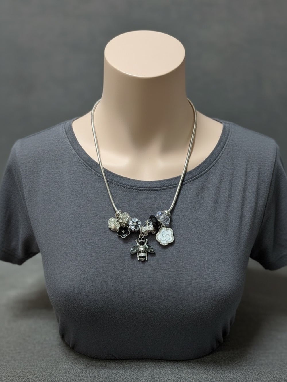 Silver Floral Charm Necklace with Bee Pendant - Women Jewelry